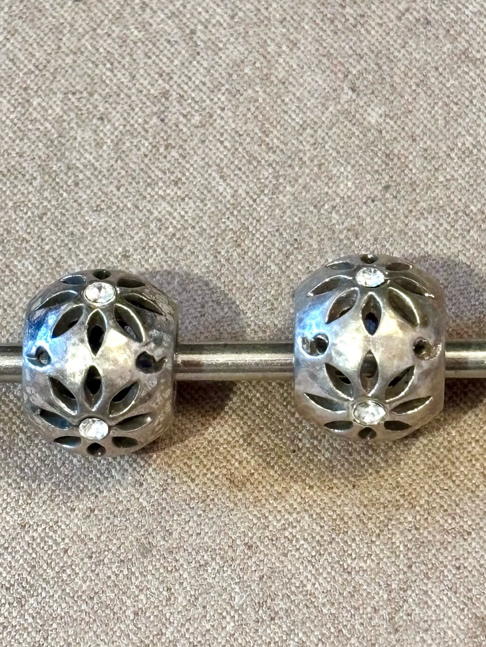Two Brighton Trade Winds beads Silver Floral cutouts Crystal accents Retired
